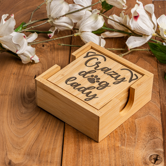 Crazy Dog Lady Bamboo Coaster Set | Funny Dog Lover Coasters with Holder | Rustic Pet Lover Drink Coasters | Dog Mom Gift