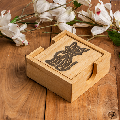 Bamboo Coaster Set With Holder, Crazy Cat Lady Design, Eco-Friendly Drink Coasters for Cat Lovers