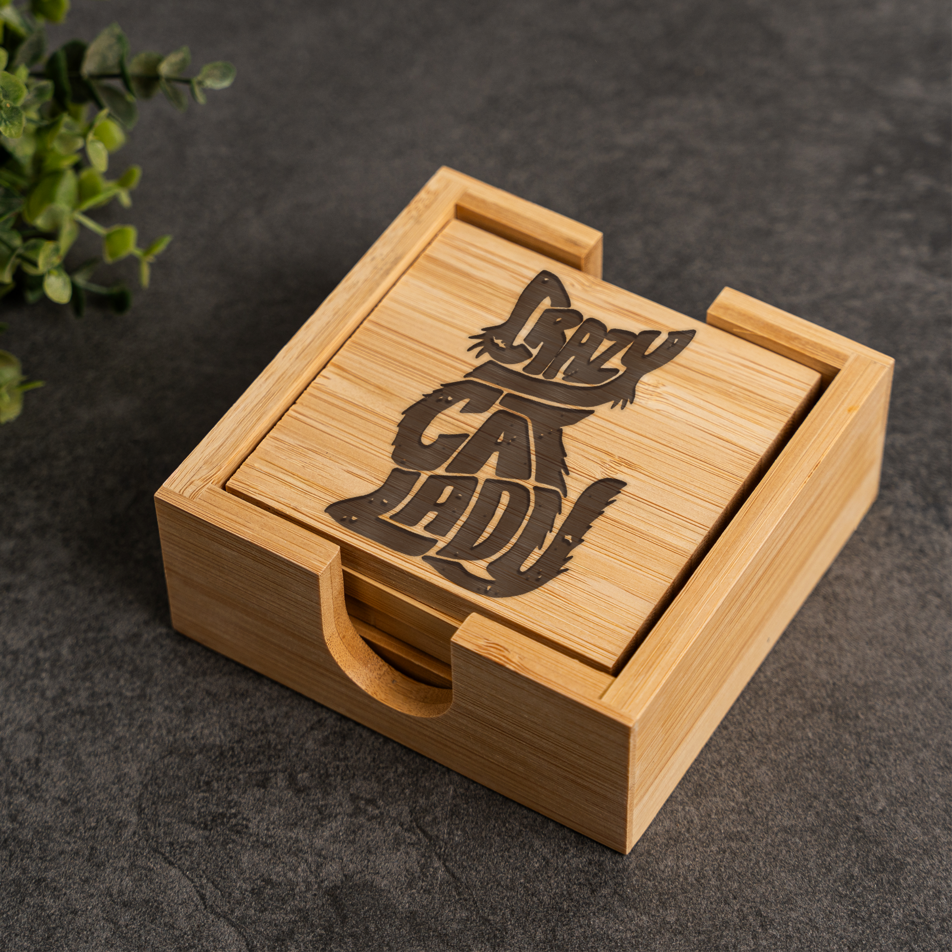 Bamboo Coaster Set With Holder, Crazy Cat Lady Design, Eco-Friendly Drink Coasters for Cat Lovers