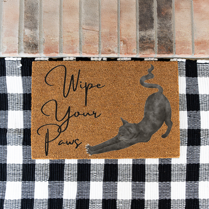 Funny Cat Doormat, Wipe Your Paws Welcome Mat, Black Cat Stretching Door Mat, Cat Lover Gift, Pet Owner Entryway Decor, Housewarming Gift