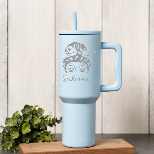 Personalized Dog Mom 40 oz Tumbler | Custom Dog Lover Travel Mug | Messy Bun Paw Print Tumbler | Personalized Pet Mom Cup