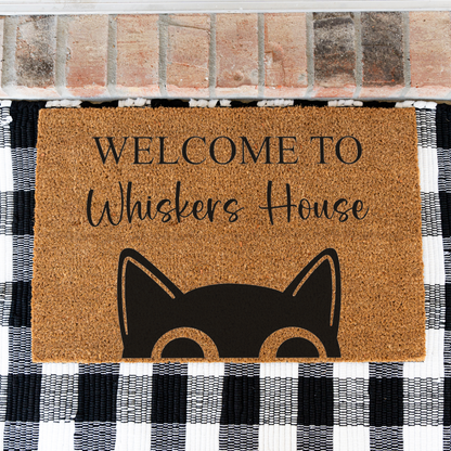 Personalized Cat Welcome Mat, Custom Cat Doormat, Welcome to Whiskers House Mat, Cat Lover Gift, Custom Pet Name Front Door Decor