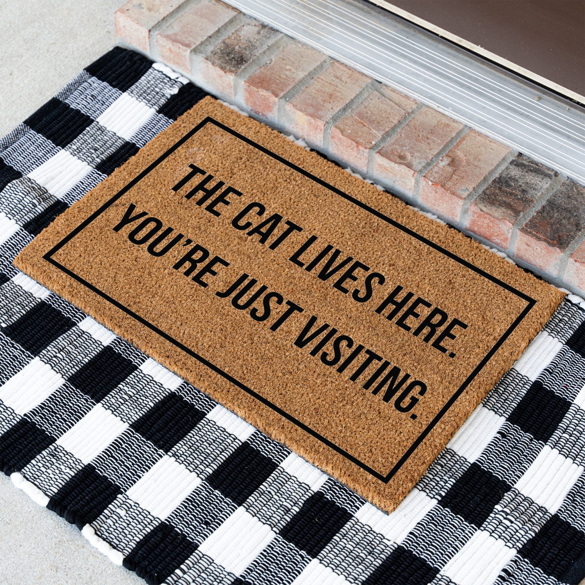 The Cat Lives Here You’re Just Visiting Doormat, Funny Cat Welcome Mat, Cat Lover Gift, Cat Owner Door Mat, Housewarming Front Door Decor