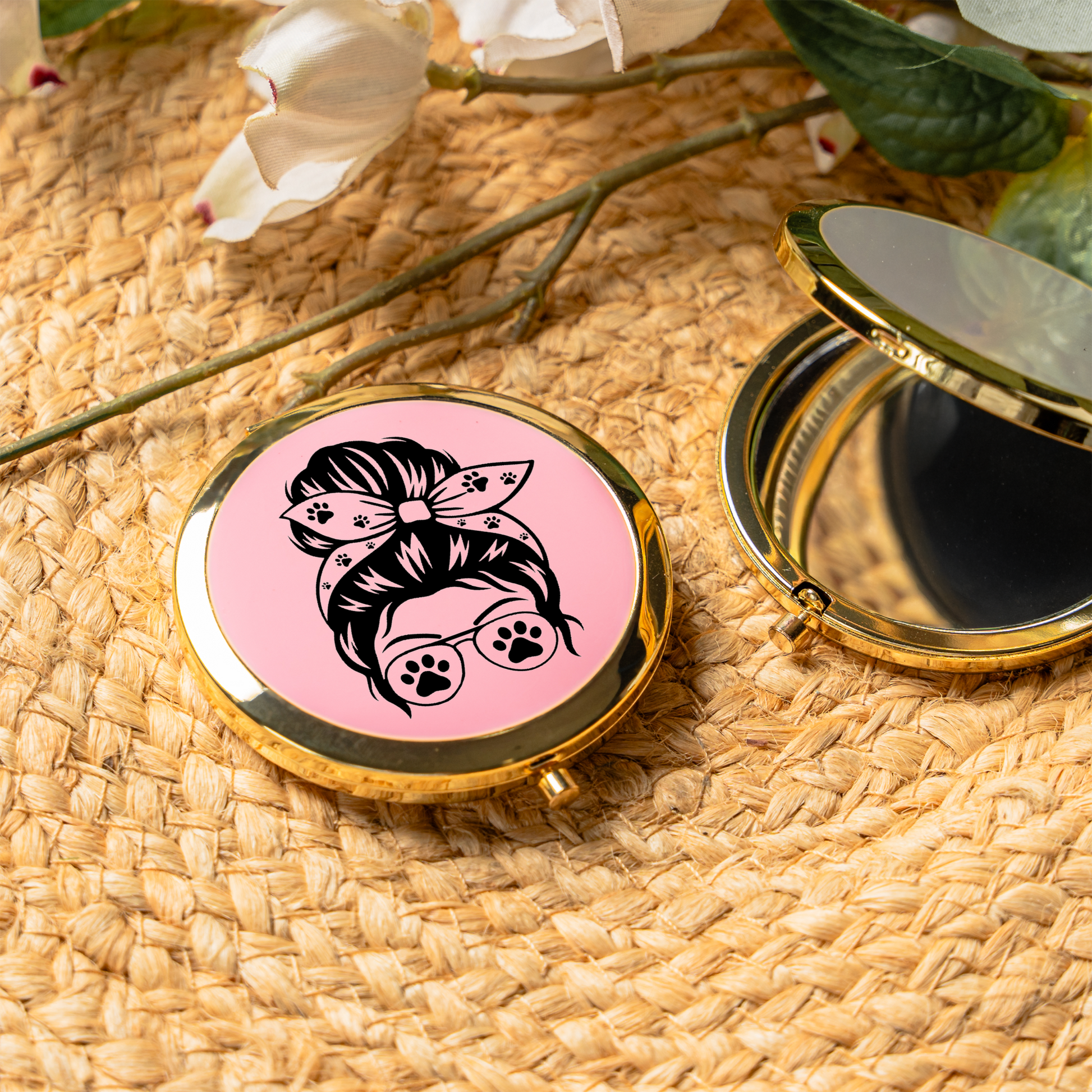 Dog Mom Compact Mirror | Funny Dog Lover Pocket Mirror | Messy Bun Paw Print Makeup Mirror | Purse Mirror Gift | Dog Mom Accessories