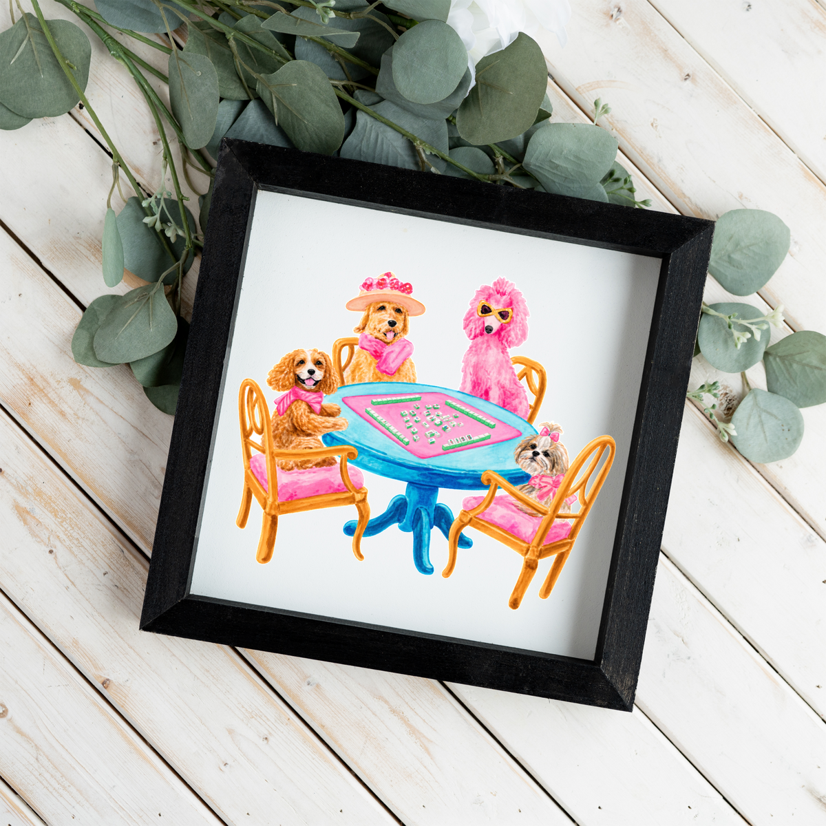 Mahjong Dog Wall Art, Dogs Playing Mahjong Sign, Pink Mahjong Room Decor, Dog Lover Gift, Framed Wooden Sign, Game Night Wall Decor