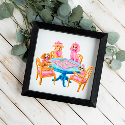 Mahjong Dog Wall Art, Dogs Playing Mahjong Sign, Pink Mahjong Room Decor, Dog Lover Gift, Framed Wooden Sign, Game Night Wall Decor