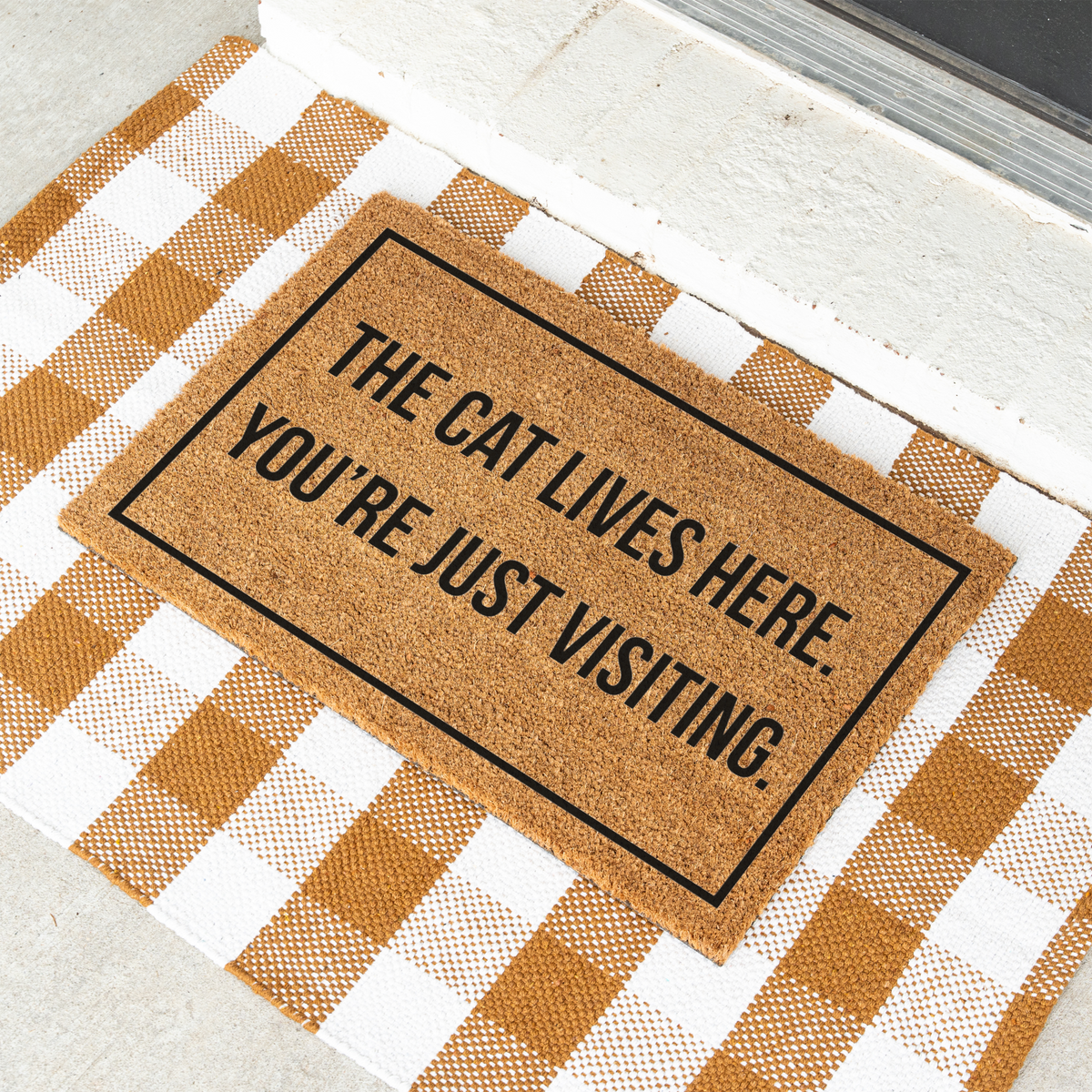 The Cat Lives Here You’re Just Visiting Doormat, Funny Cat Welcome Mat, Cat Lover Gift, Cat Owner Door Mat, Housewarming Front Door Decor