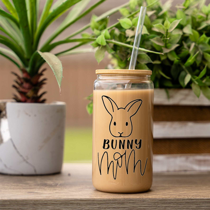 Bunny Mom Iced Coffee Cup with Bamboo Lid & Straw