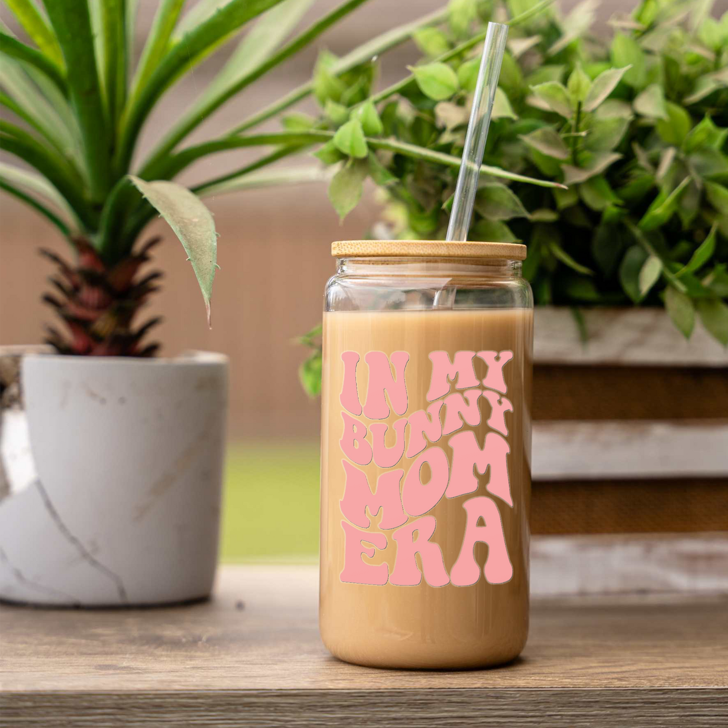 Bunny Mom Iced Coffee Cup with Bamboo Lid & Straw