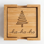Ho Ho Ho - Bamboo Coaster Set With Holder - Eco-Friendly Minimalist Design - Perfect Holiday Gift