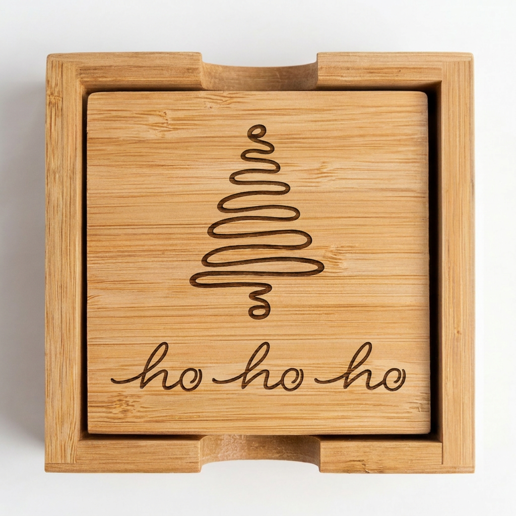 Ho Ho Ho - Bamboo Coaster Set With Holder - Eco-Friendly Minimalist Design - Perfect Holiday Gift