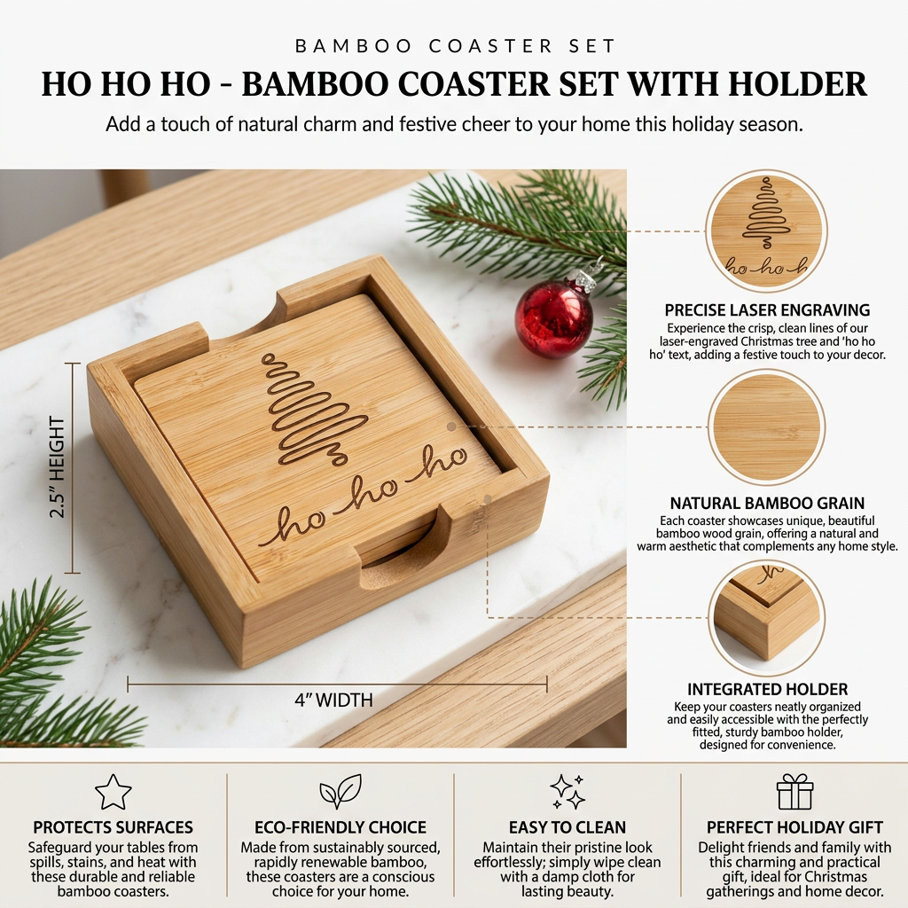 Ho Ho Ho - Bamboo Coaster Set With Holder - Eco-Friendly Minimalist Design - Perfect Holiday Gift