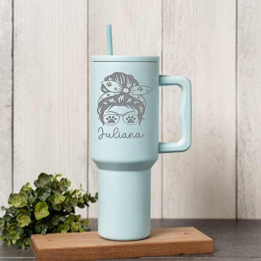 Personalized Dog Mom 40 oz Tumbler | Custom Dog Lover Travel Mug | Messy Bun Paw Print Tumbler | Personalized Pet Mom Cup