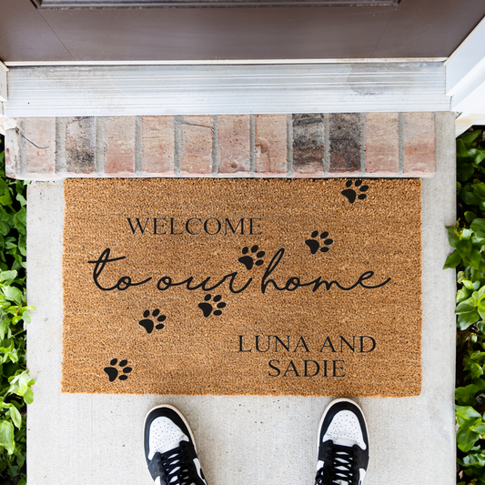 Personalized Pet Doormat, Welcome to Our Home Custom Pet Name Mat, Paw Print Door Mat, Dog Cat Lover Gift, Personalized Housewarming Decor
