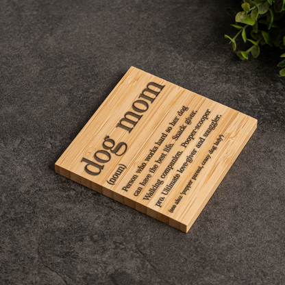 Dog Mom Bamboo Coaster Set | Funny Dog Mom Definition Coasters with Holder | Pet Lover Drink Coasters | Housewarming Gift | Dog Lover Decor