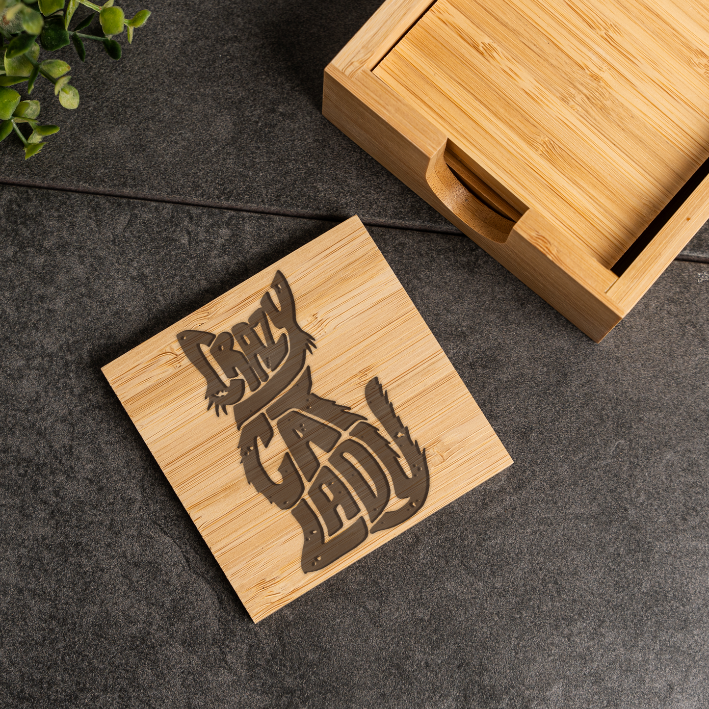 Bamboo Coaster Set With Holder, Crazy Cat Lady Design, Eco-Friendly Drink Coasters for Cat Lovers