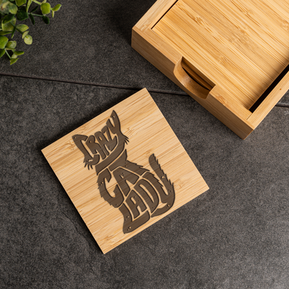 Bamboo Coaster Set With Holder, Crazy Cat Lady Design, Eco-Friendly Drink Coasters for Cat Lovers