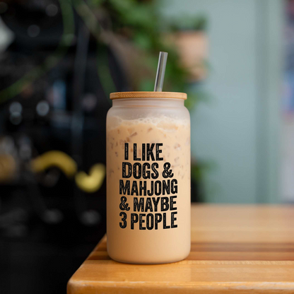 Mahjong Glass Can, I Like Dogs & Mahjong Cup, Funny Mahjong Gift, Dog Lover Iced Coffee Glass, Mahjong Player Gift, Game Night Tumbler