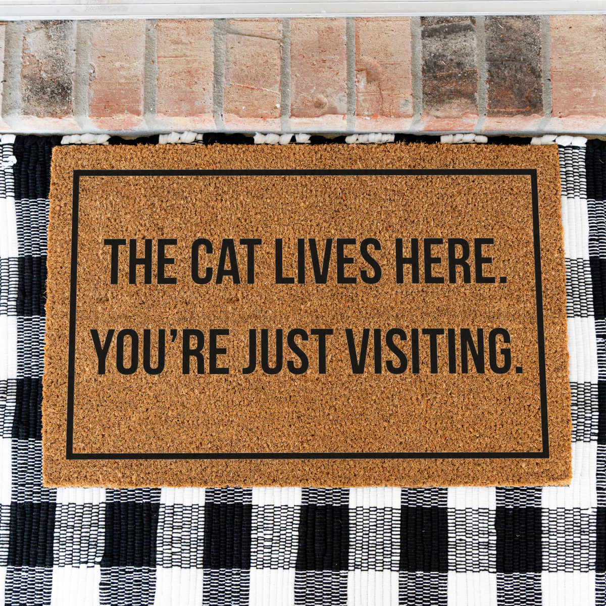 The Cat Lives Here You’re Just Visiting Doormat, Funny Cat Welcome Mat, Cat Lover Gift, Cat Owner Door Mat, Housewarming Front Door Decor