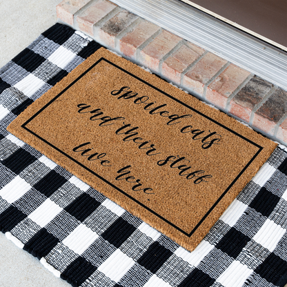 Spoiled Cats and Their Staff Live Here Doormat, Funny Cat Welcome Mat, Cat Lover Gift, Pet Owner Front Door Decor, Housewarming Gift