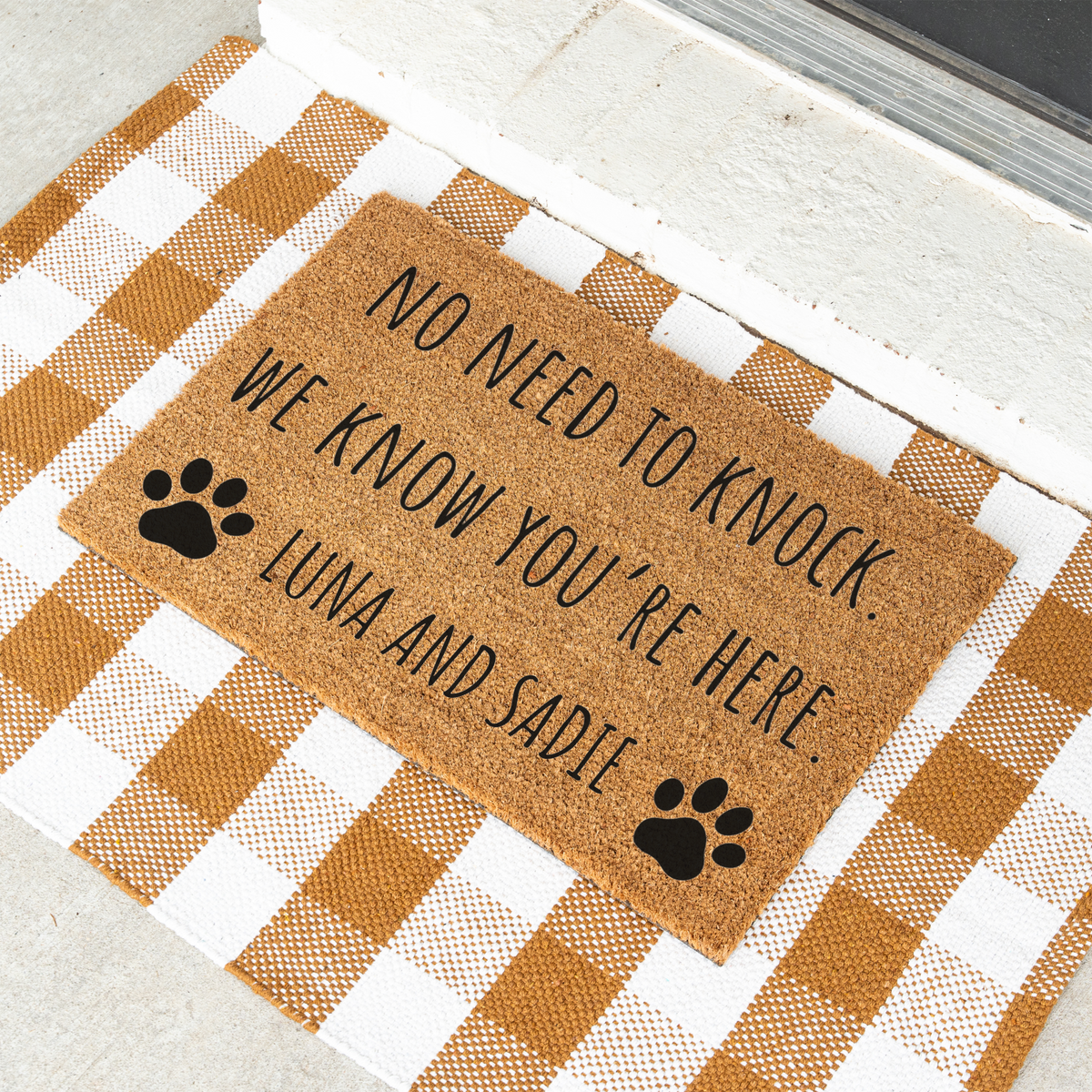 Personalized Pet Doormat, No Need to Knock We Know You’re Here, Custom Pet Name Welcome Mat, Paw Print Door Mat, Funny Pet Lover Gift