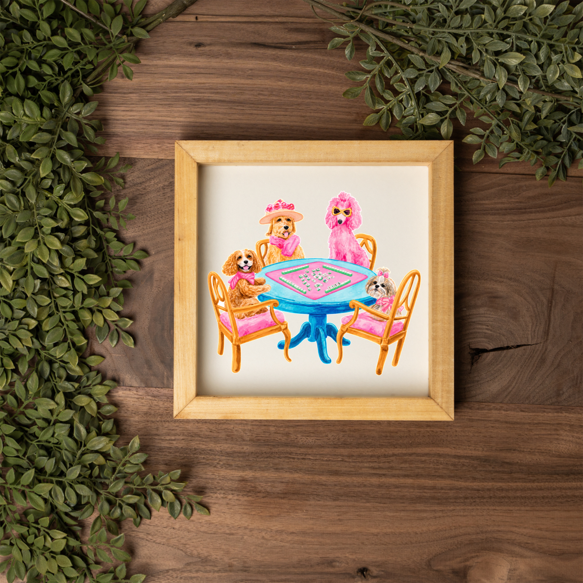 Mahjong Dog Wall Art, Dogs Playing Mahjong Sign, Pink Mahjong Room Decor, Dog Lover Gift, Framed Wooden Sign, Game Night Wall Decor