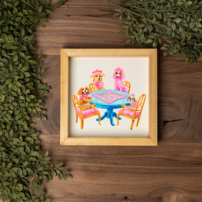 Mahjong Dog Wall Art, Dogs Playing Mahjong Sign, Pink Mahjong Room Decor, Dog Lover Gift, Framed Wooden Sign, Game Night Wall Decor