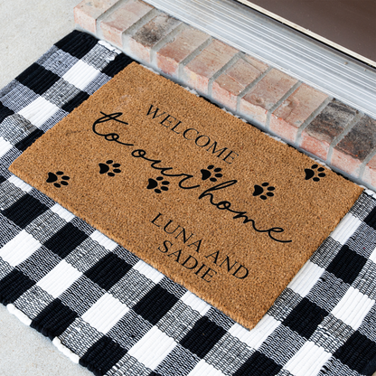 Personalized Pet Doormat, Welcome to Our Home Custom Pet Name Mat, Paw Print Door Mat, Dog Cat Lover Gift, Personalized Housewarming Decor