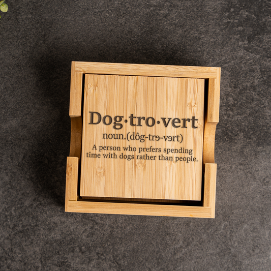 Bamboo Coaster Set With Holder, Dogtrovert Design, Eco-Friendly Home Decor
