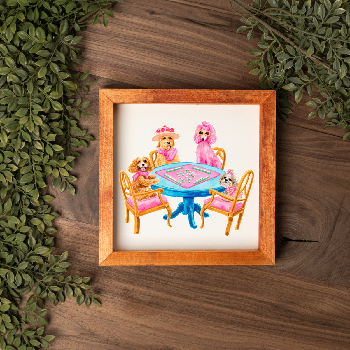 Mahjong Dog Wall Art, Dogs Playing Mahjong Sign, Pink Mahjong Room Decor, Dog Lover Gift, Framed Wooden Sign, Game Night Wall Decor