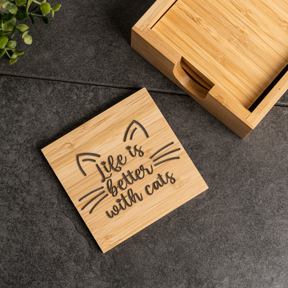 Bamboo Coaster Set With Holder, Cat Lovers Gift, Life is Better with Cats Design, Eco-Friendly Decor