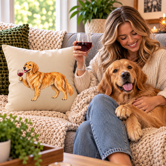 Golden Retriever Holding Different Drinks Pillow Case