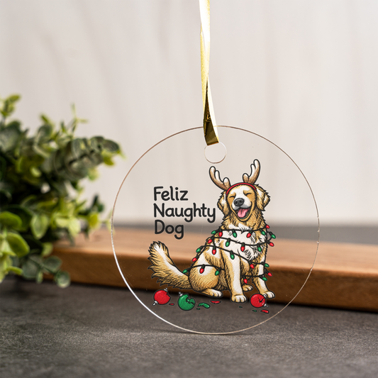 Feliz Naughty Dog Christmas Ornament, Funny Dog Ornament, Christmas Dog Lover Gift, Reindeer Dog Holiday Ornament, Pet Owner Xmas Decor