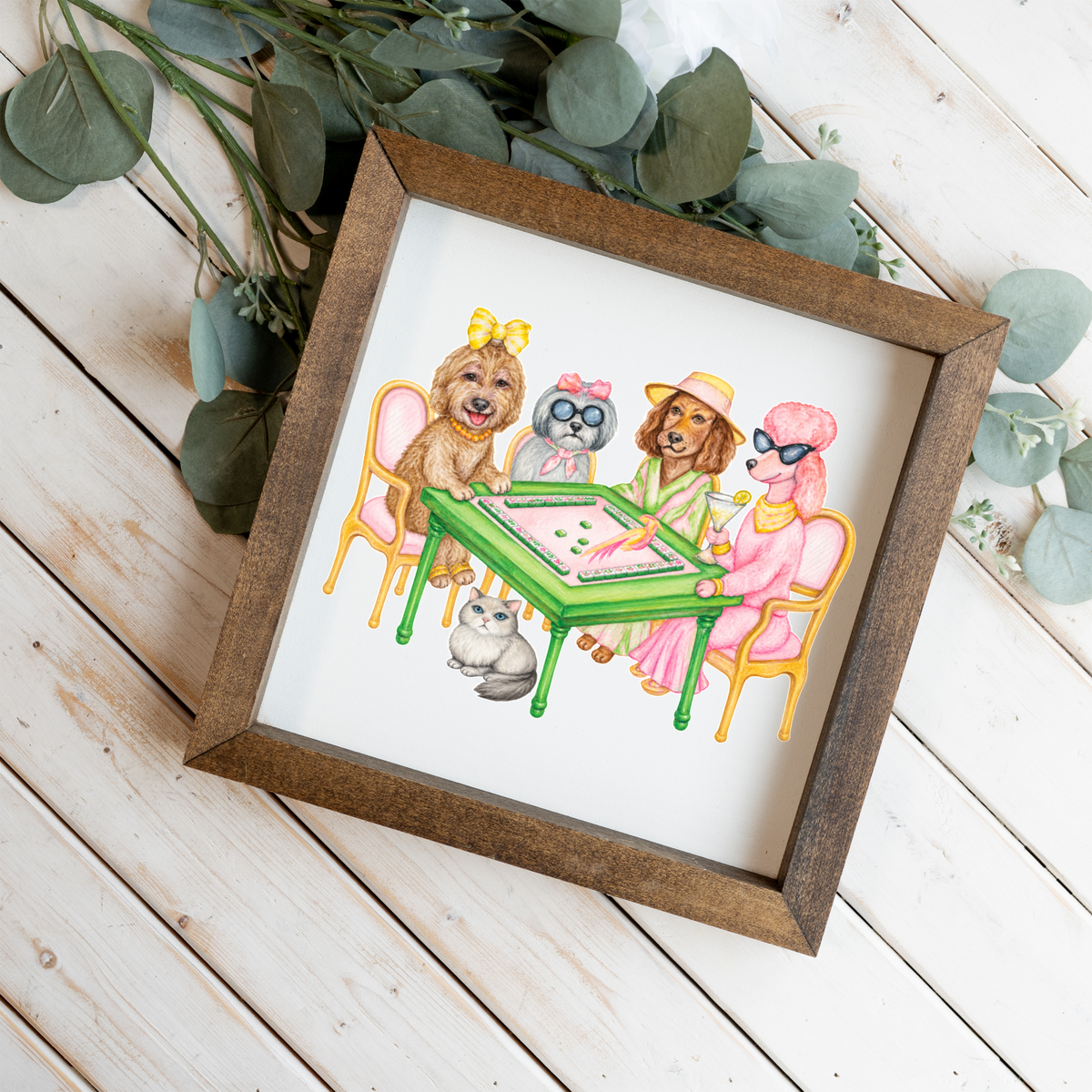 Mahjong Dog Wall Art, Mahjong Ladies Dog Sign, Funny Mahjong Room Decor, Dog Lover Gift, Framed Wooden Sign, Game Night Hostess Gift