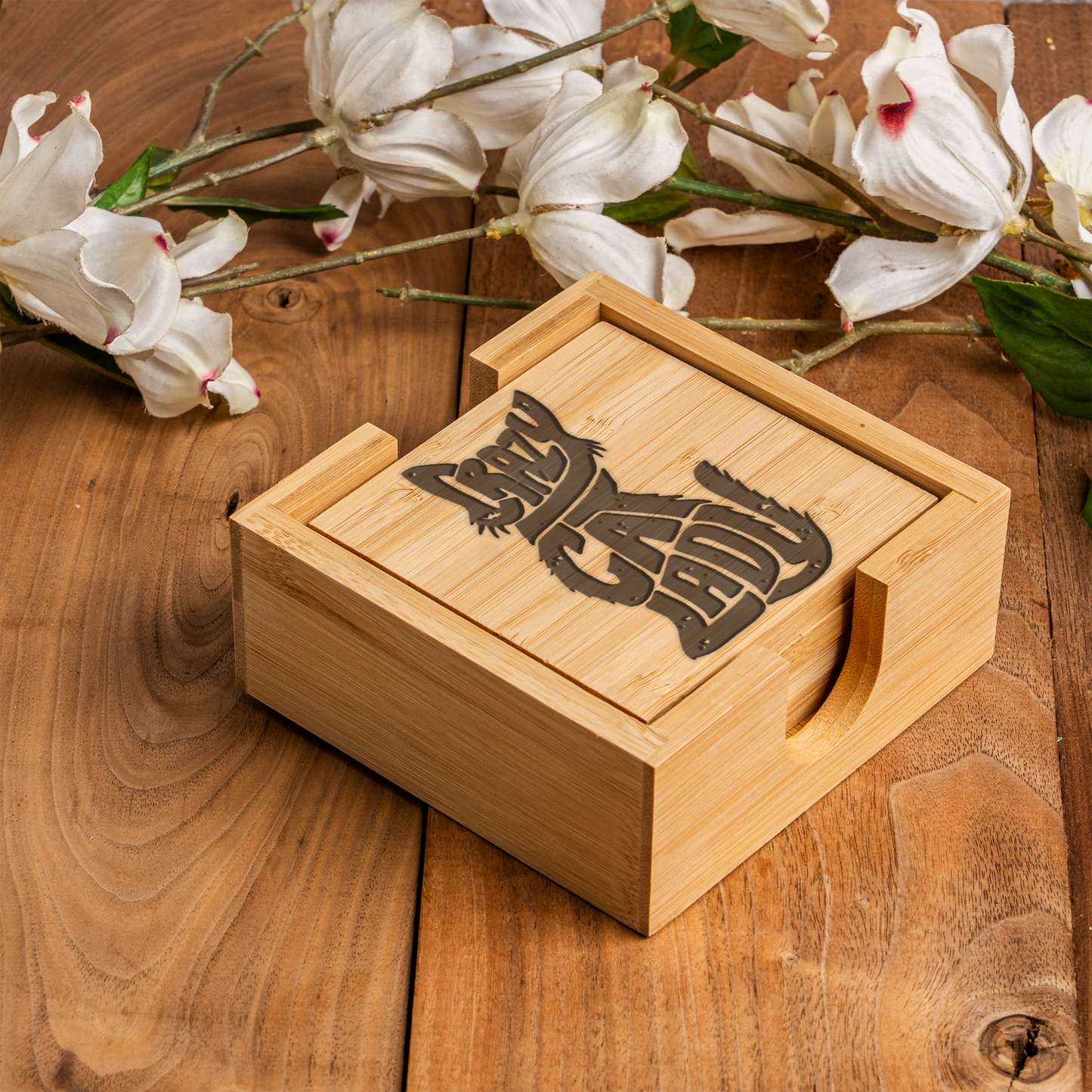 Bamboo Coaster Set With Holder, Crazy Cat Lady Design, Eco-Friendly Drink Coasters for Cat Lovers