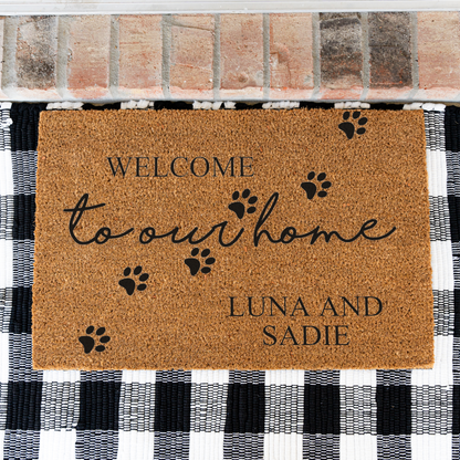 Personalized Pet Doormat, Welcome to Our Home Custom Pet Name Mat, Paw Print Door Mat, Dog Cat Lover Gift, Personalized Housewarming Decor