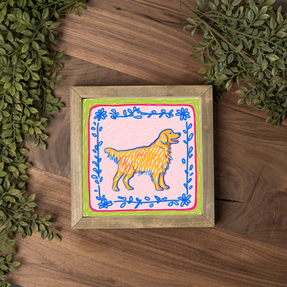 Golden Retriever Framed Wall Art, Colorful Dog Lover Decor, Preppy Golden Retriever Print, Cute Dog Mom Gift, Whimsical Pet Art, Dog Room Si