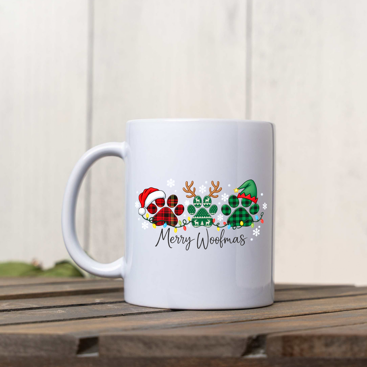 Merry Woofmas Christmas Mug, Dog Lover Christmas Coffee Cup, Cute Paw Print Holiday Mug, Dog Mom Gift, Festive Christmas Dog Mug