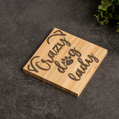 Crazy Dog Lady Bamboo Coaster Set | Funny Dog Lover Coasters with Holder | Rustic Pet Lover Drink Coasters | Dog Mom Gift