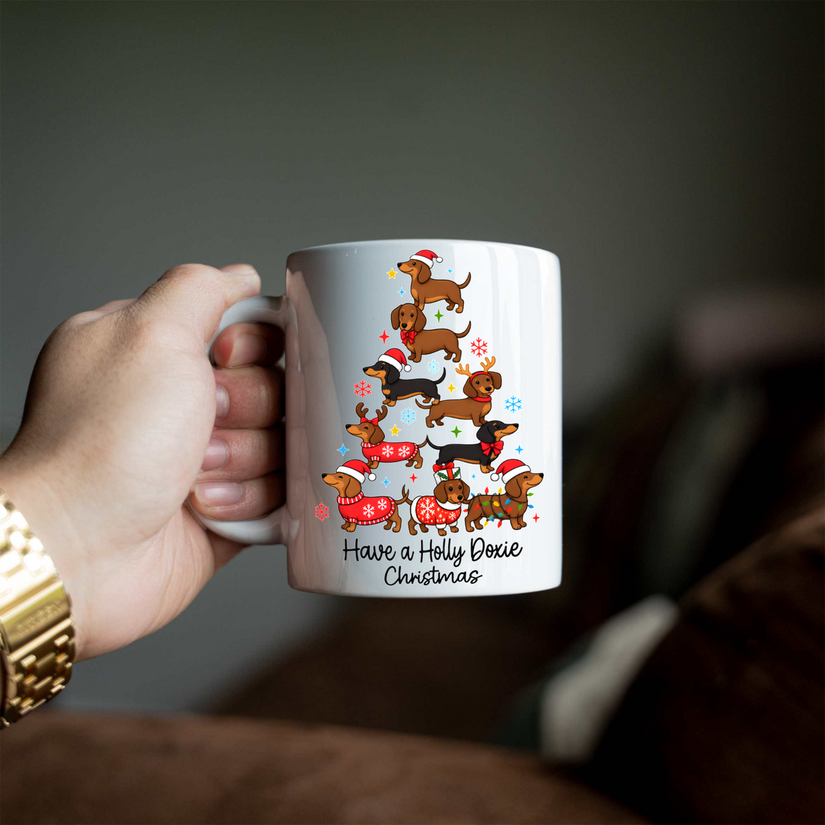 Have a Holly Doxie Christmas Mug, Dachshund Christmas Coffee Cup, Funny Wiener Dog Holiday Mug, Dog Lover Christmas Gift, Festive Dog Mug