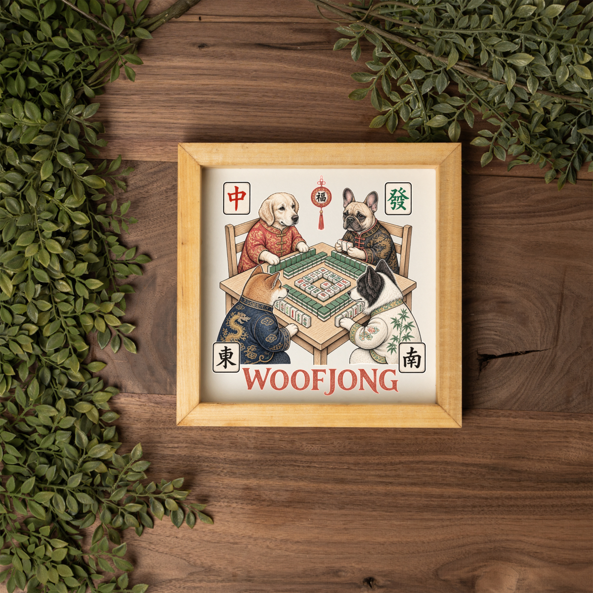 Woofjong Mahjong Dog Wall Art, Funny Mahjong Sign, Dog Lover Gift, Framed Wooden Decor, Mahjong Player Gift, Game Night Room Decor