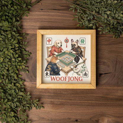 Woofjong Mahjong Dog Wall Art, Funny Mahjong Sign, Dog Lover Gift, Framed Wooden Decor, Mahjong Player Gift, Game Night Room Decor