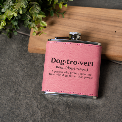 Leather Wrapped Flask 6oz Dog Lover Gift, Dog Trovert Flask for Pet Enthusiasts