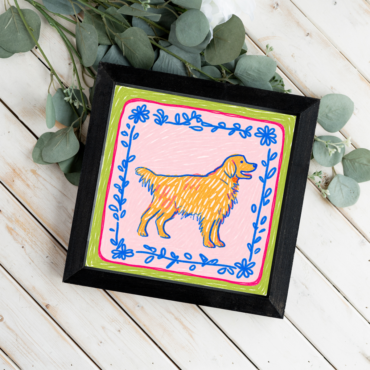 Golden Retriever Framed Wall Art, Colorful Dog Lover Decor, Preppy Golden Retriever Print, Cute Dog Mom Gift, Whimsical Pet Art, Dog Room Si