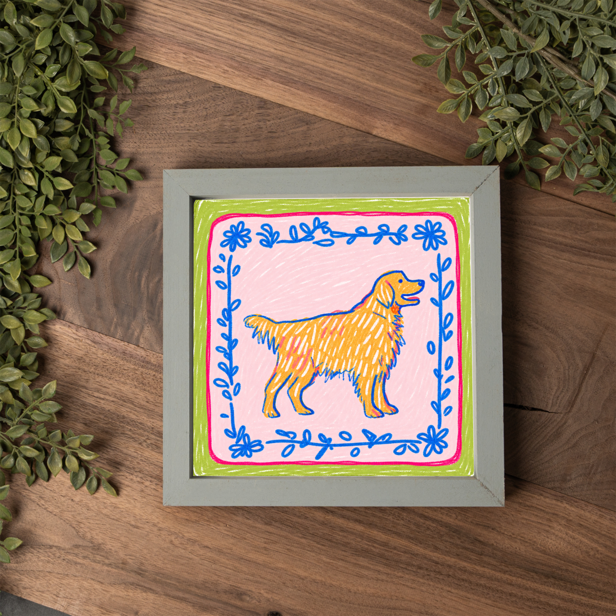 Golden Retriever Framed Wall Art, Colorful Dog Lover Decor, Preppy Golden Retriever Print, Cute Dog Mom Gift, Whimsical Pet Art, Dog Room Si