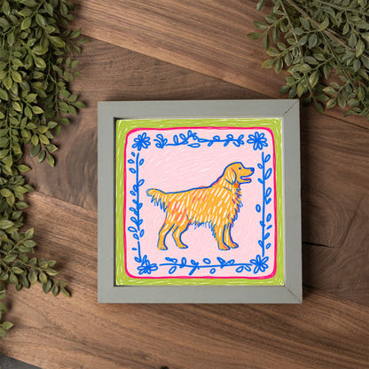 Golden Retriever Framed Wall Art, Colorful Dog Lover Decor, Preppy Golden Retriever Print, Cute Dog Mom Gift, Whimsical Pet Art, Dog Room Si