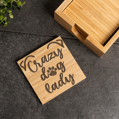Crazy Dog Lady Bamboo Coaster Set | Funny Dog Lover Coasters with Holder | Rustic Pet Lover Drink Coasters | Dog Mom Gift