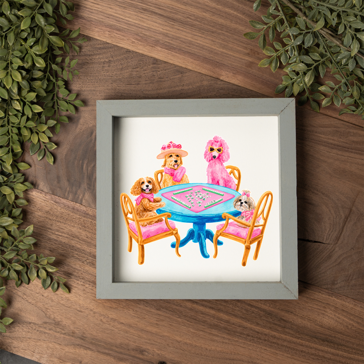 Mahjong Dog Wall Art, Dogs Playing Mahjong Sign, Pink Mahjong Room Decor, Dog Lover Gift, Framed Wooden Sign, Game Night Wall Decor