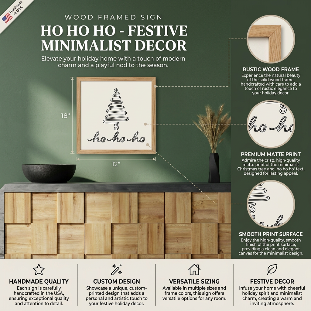 Ho Ho Ho - 3:2 Wood Framed Sign - Handmade in USA - Festive Minimalist Decor