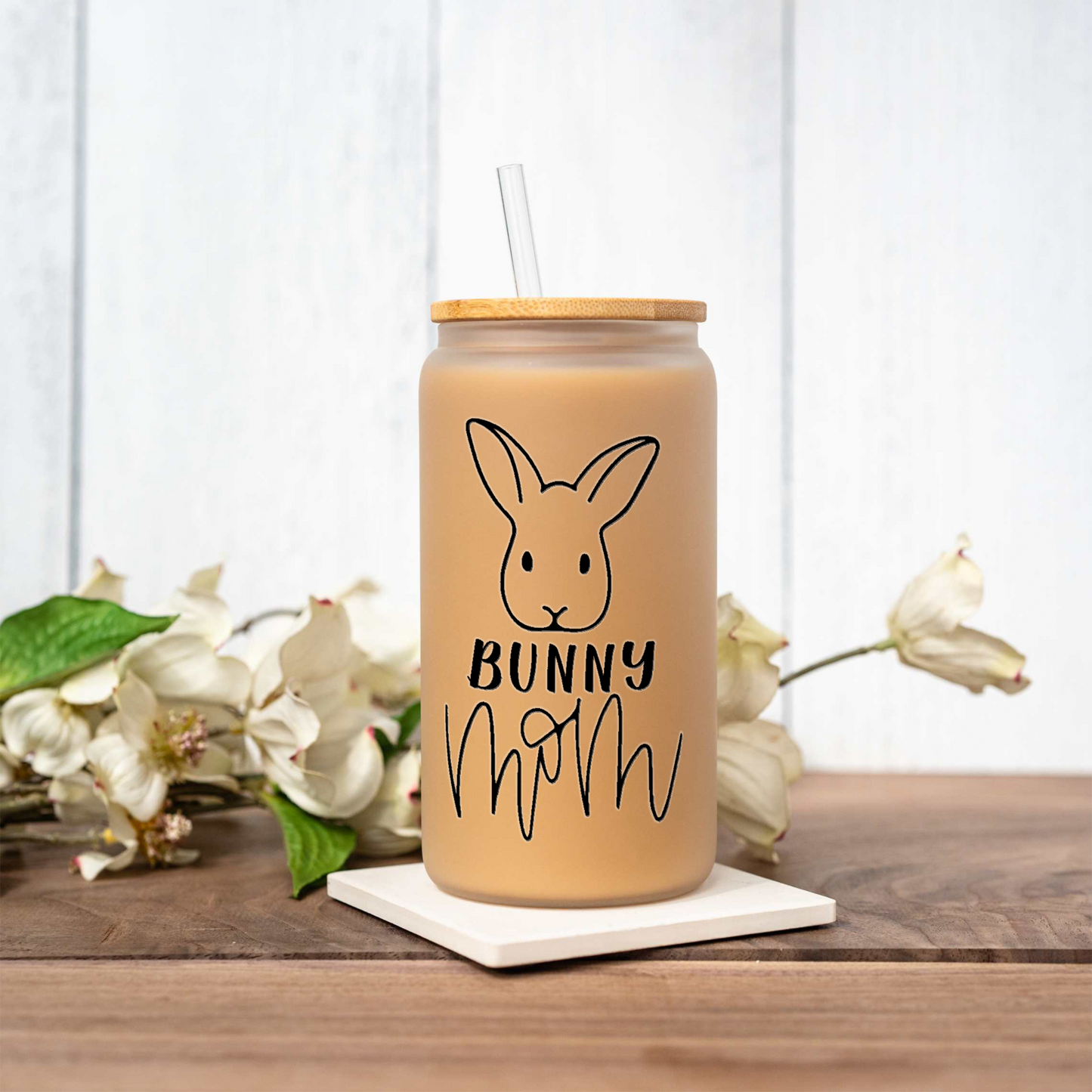 Bunny Mom Iced Coffee Cup with Bamboo Lid & Straw